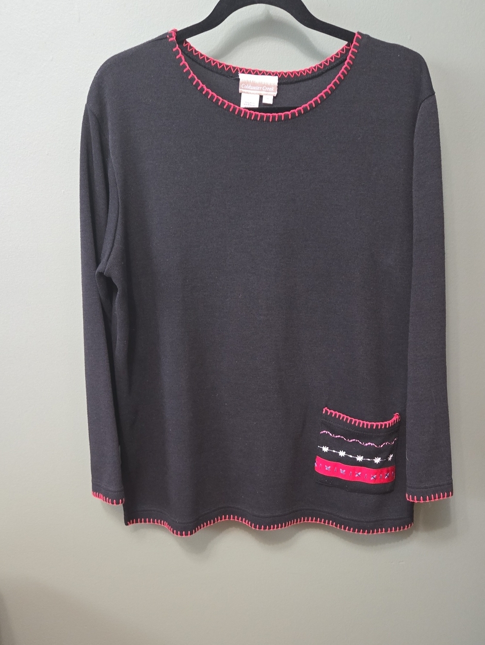 Coldwater Creek Black Long-Sleeve Top with Pink Trim SzM
